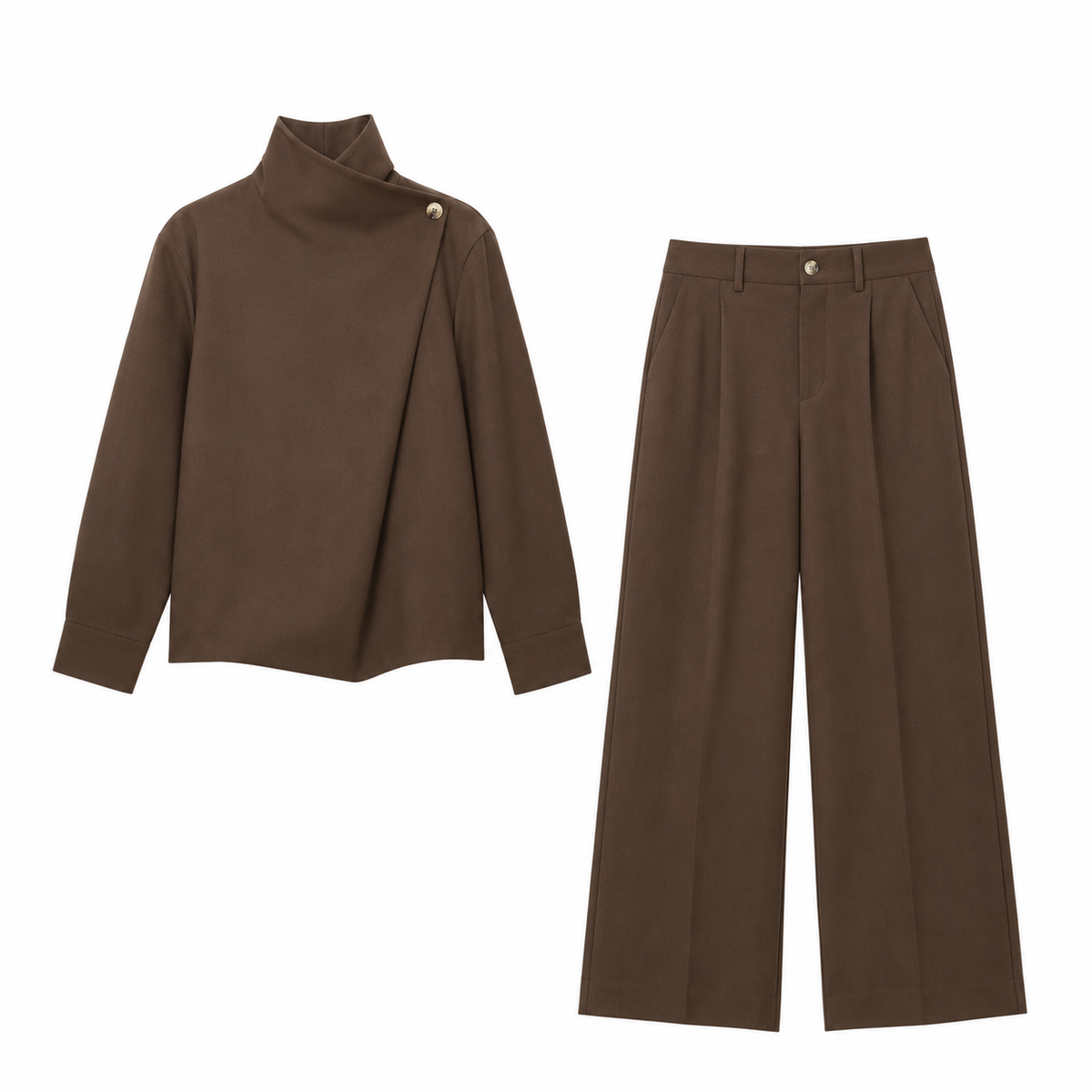 Conjunto Elegante Top De Manga Larga Cuello Alto Pantalón Holgado Color Solido Casual Moda Mujer En Tendencia