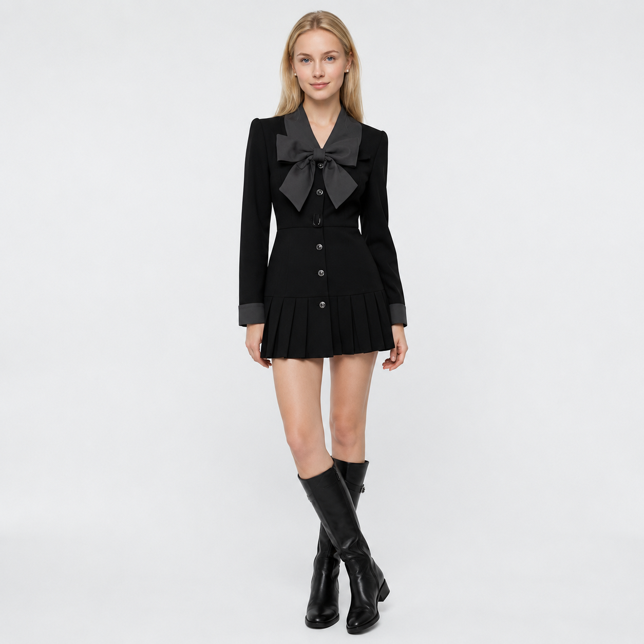 Vestido Negro Corto con Moño, Cinturón y Falda Plisada para Mujer en Tendencia