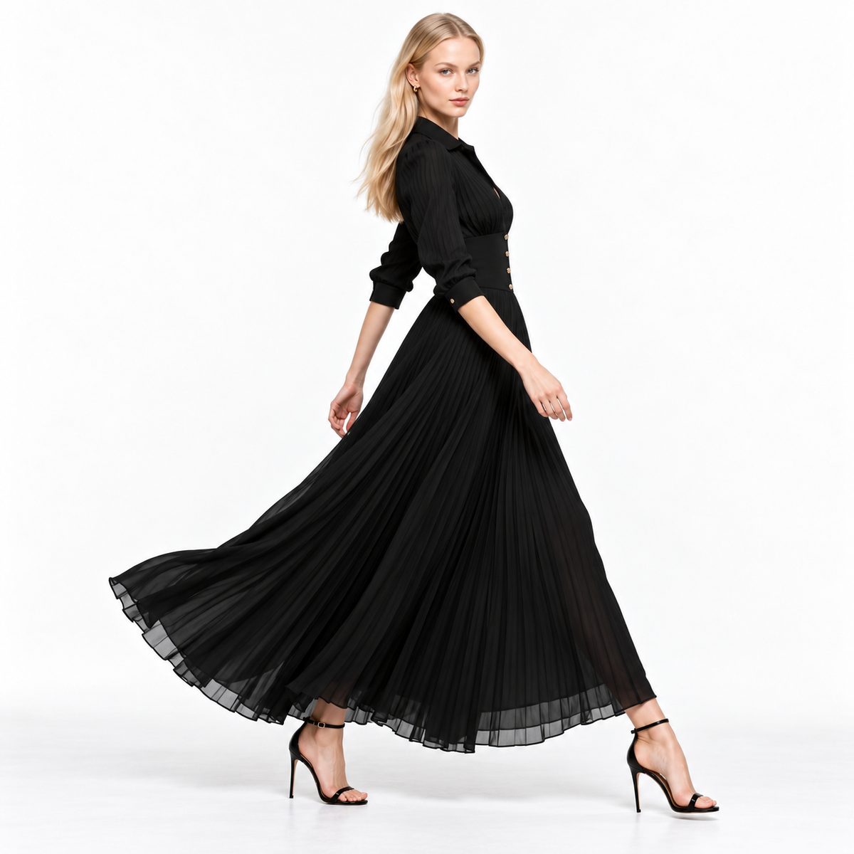 Vestido Largo MAXI Con Manga Larga Cuello Romplado Casual Formal En Tendencia Moda Mujer