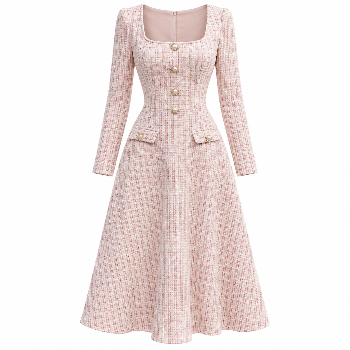 Elegante Vestido Largo Casual Formal Manga Larga Estilo Vintage Cuello Cuadrado Moda Mujer En Tendencia