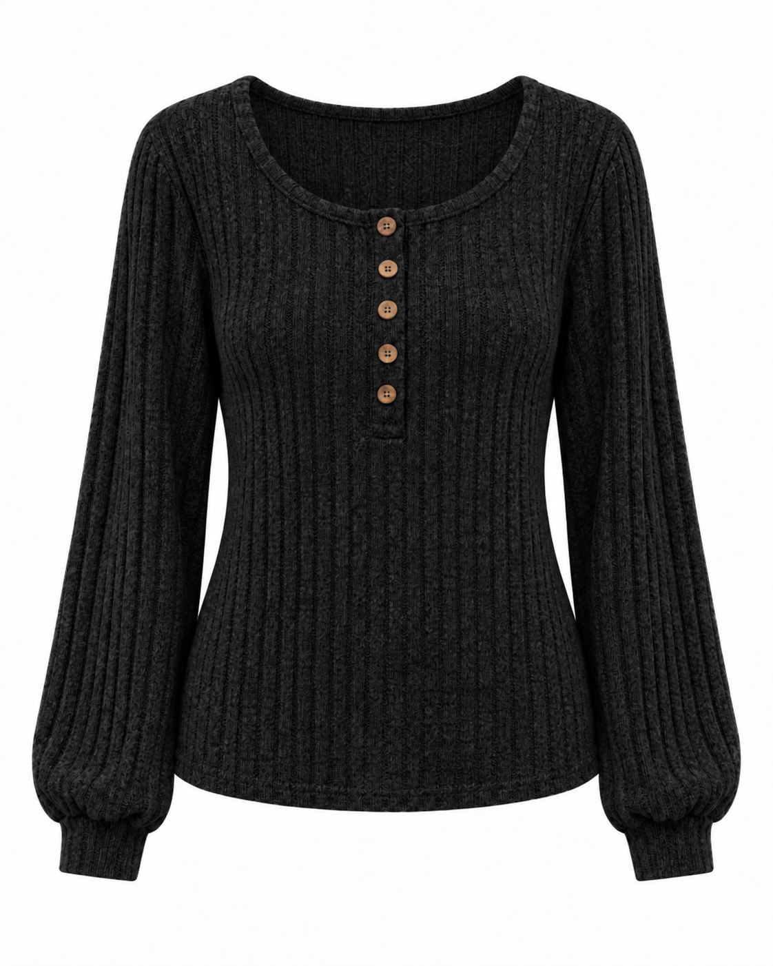 Elegante Camiseta De Manga Larga Retazos De Botones De Color Sólidos Cepillado Acanalado Con cuello redondo Semi holgado Moda Mujer En Tendencia