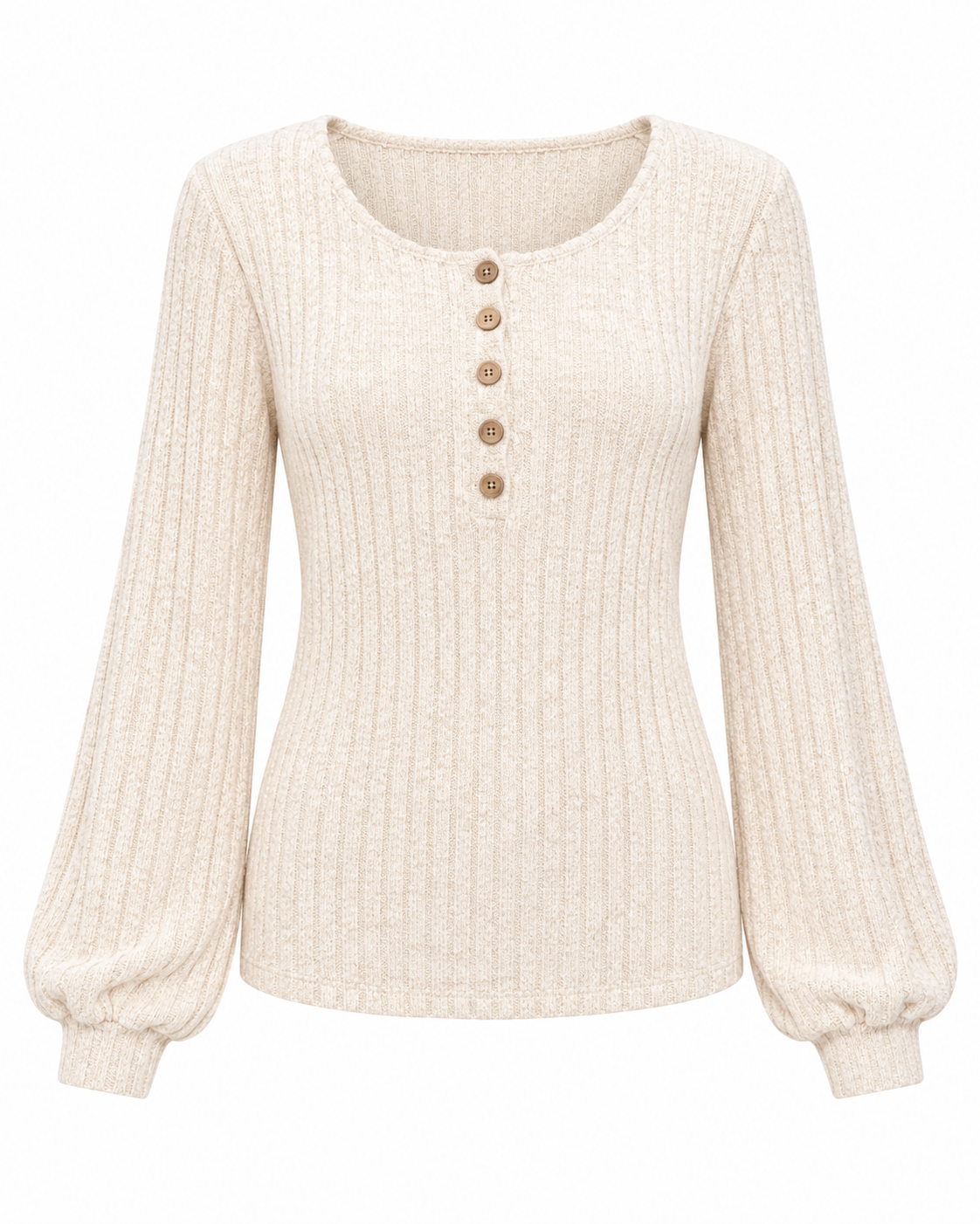 Elegante Camiseta De Manga Larga Retazos De Botones De Color Sólidos Cepillado Acanalado Con cuello redondo Semi holgado Moda Mujer En Tendencia