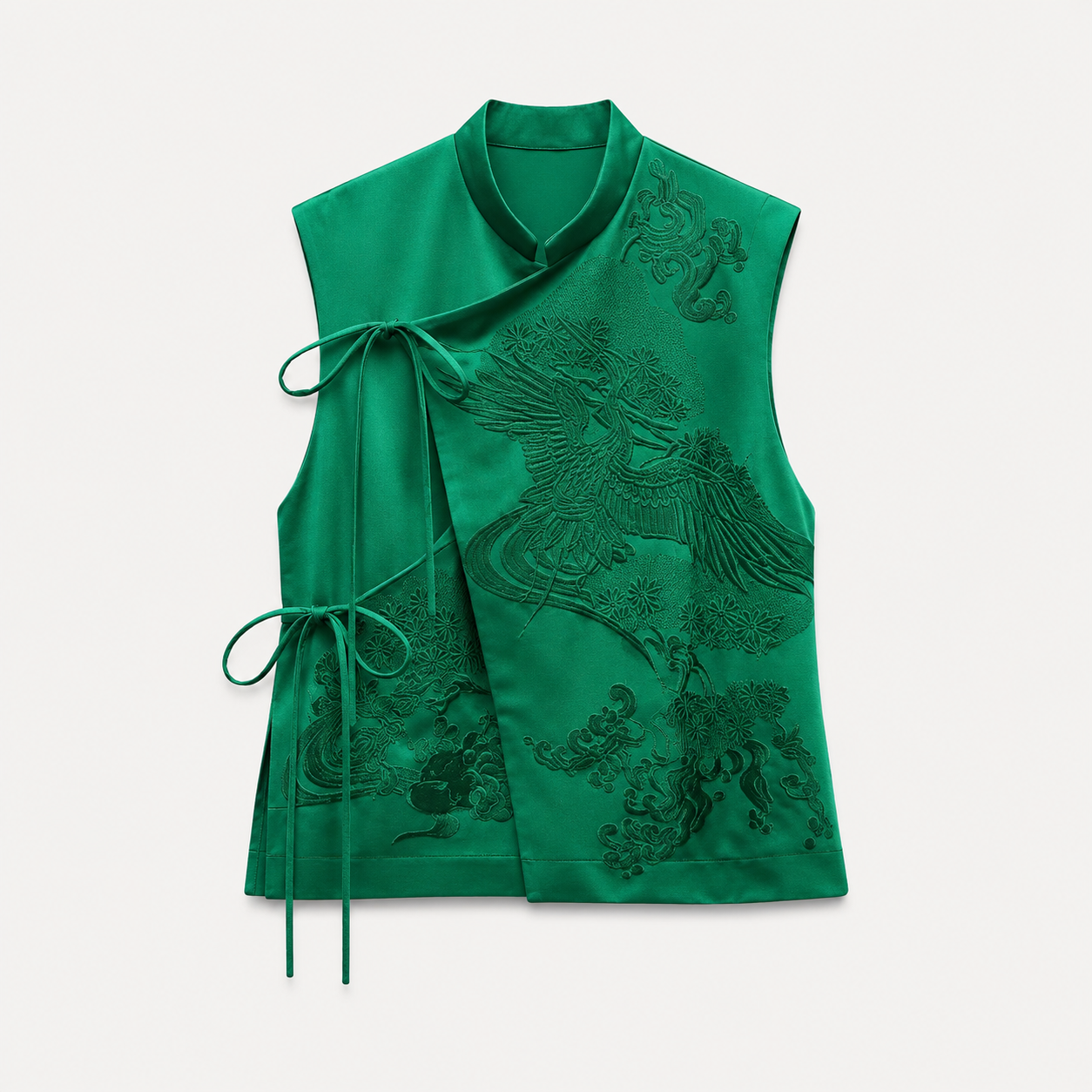 Blusa Estilo Chaleco Oriental Verde Esmeralda para Mujer con Bordado en Relieve