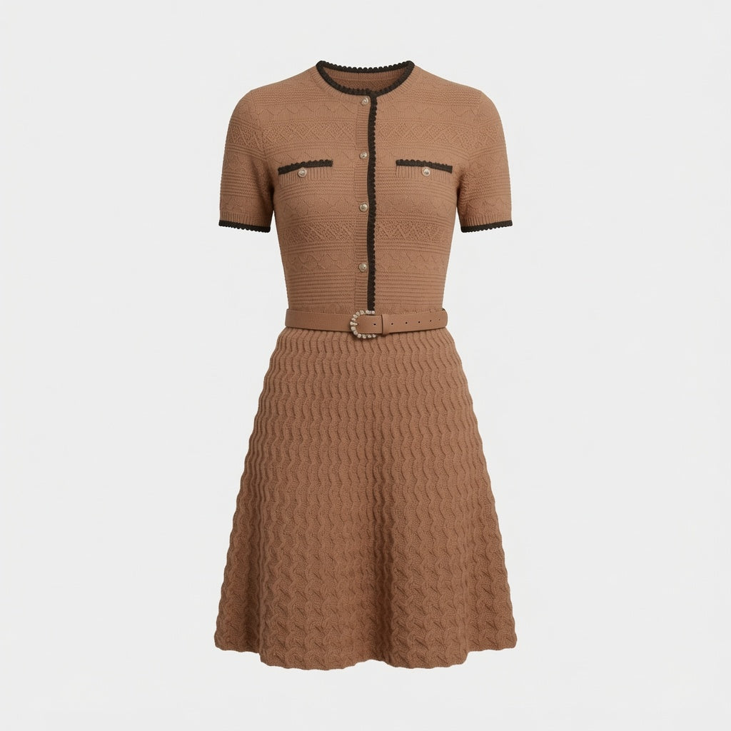 Vestido Elegante Midi De Punto De Cintura Alta Con Bordado De Gancho En La Cintura Moda Mujer En tendencia.