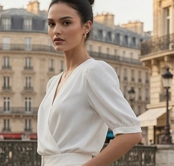Blusa Elegante De Gasa Con Cuello V Manga Corta De Linterna Moda Mujer En Tendencia