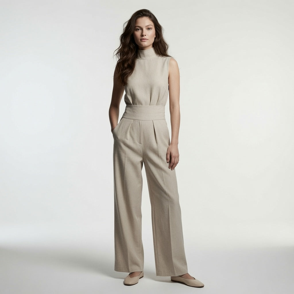 Conjunto de Blusa sin Mangas y Pantalón de Pierna Ancha de Algodón y Lino para Mujer - Estilo Minimalista