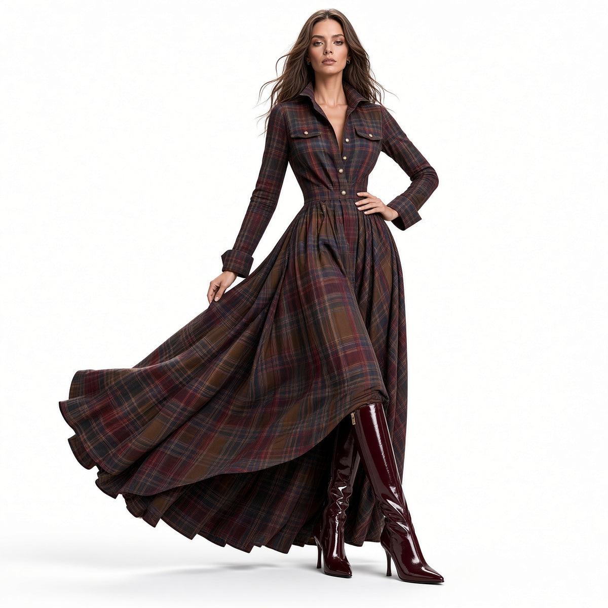 Elegante Vestido Largo Manga Larga Holgado Casual Con Estampados En Cuadros Vintage Botones De Solapa Moda Mujer En Tendencia