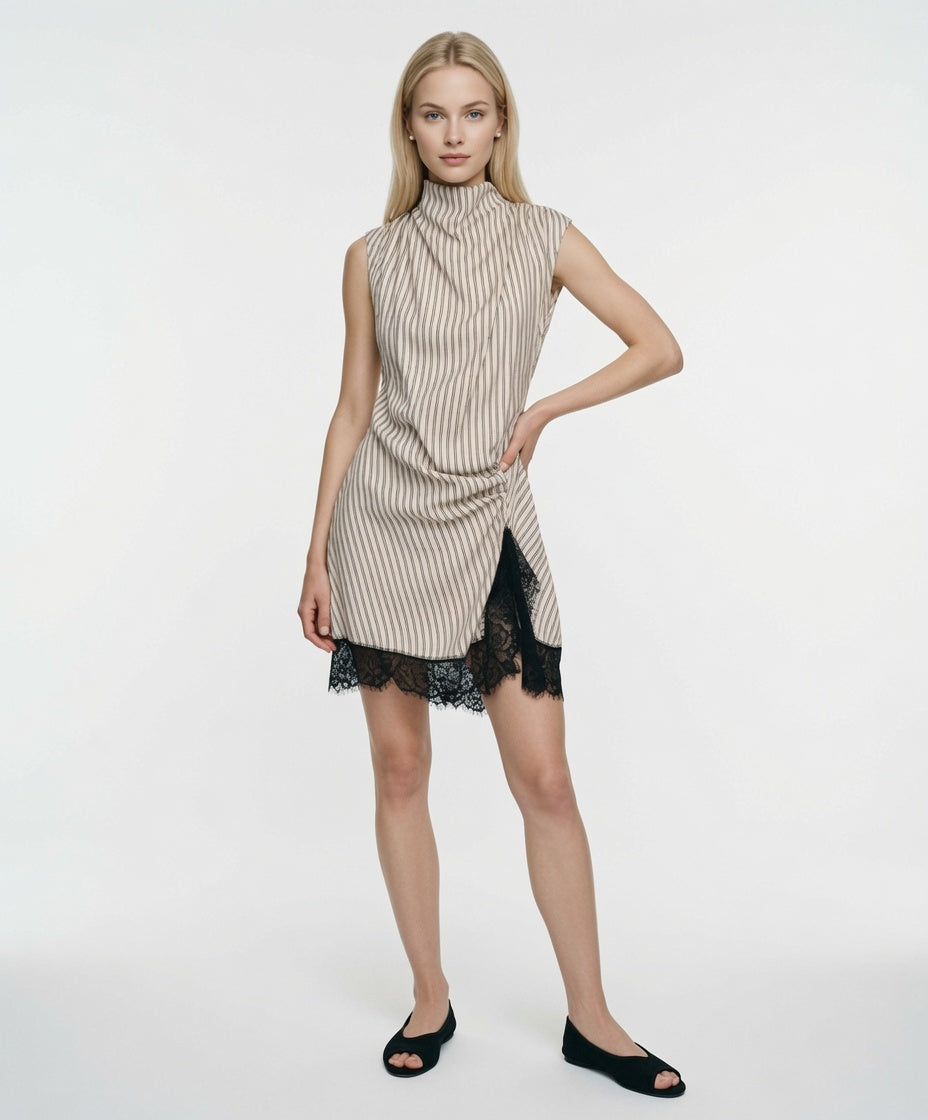 Vestido Elegante Corto Sin Mangas Cuello Alto Encajes Casual Moda Mujer En Tendencia