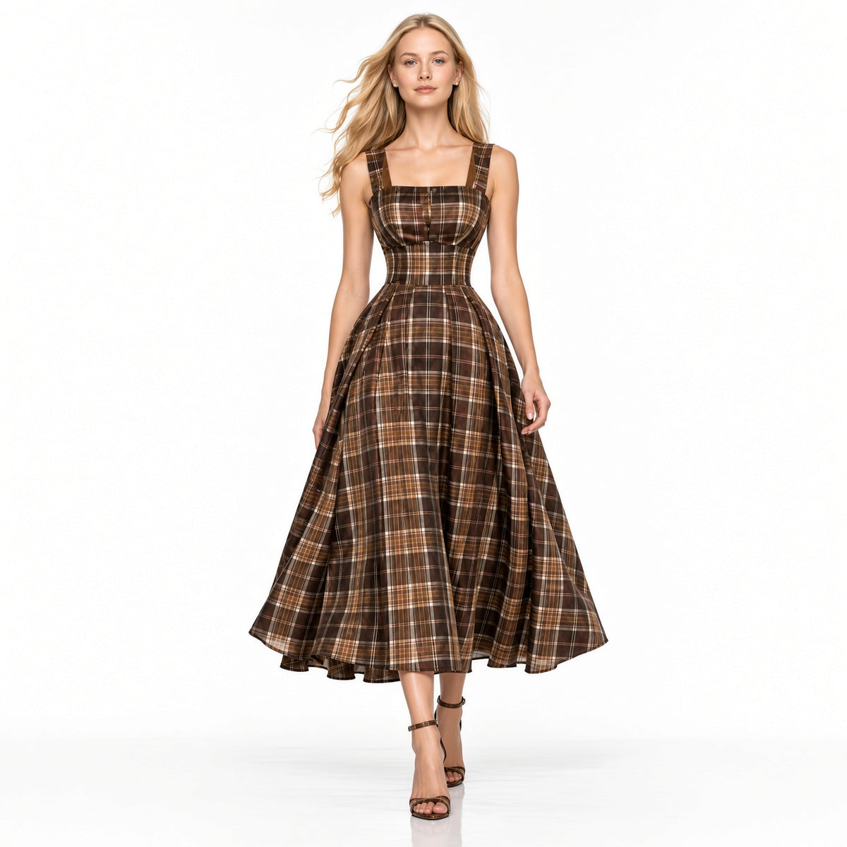 Elegante Vestido Largo Casual A Cuadros Espalda Descubierta Cintura Baja Sin Mangas Moda Mujer En Tendencia