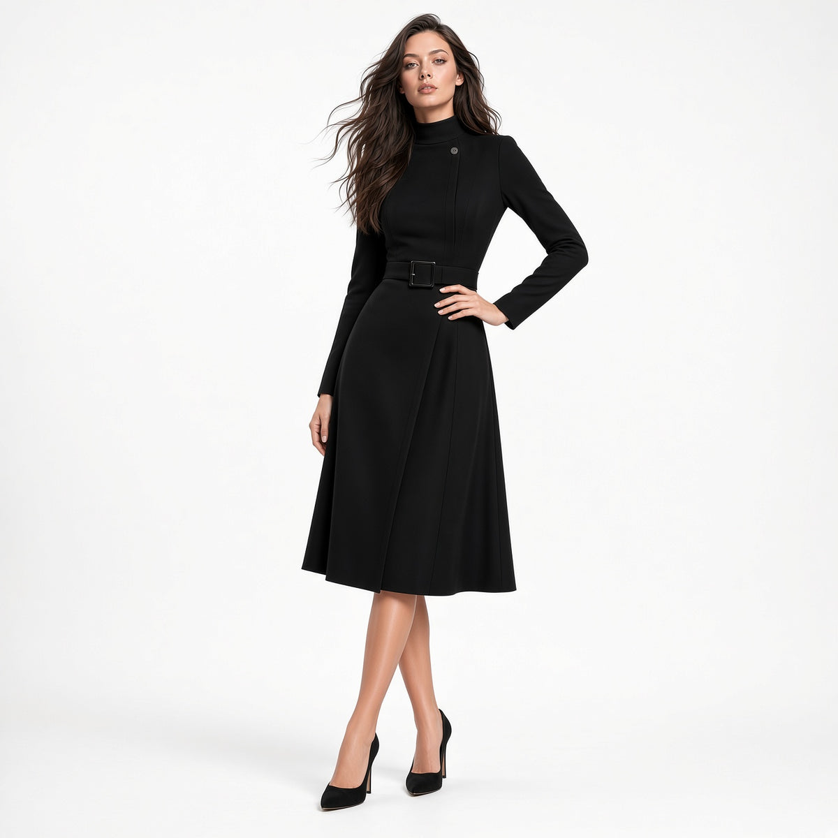 Vestido Elegante Cuello Alto Cintura Alta Casual Formal Color Solido Moda Mujer En Tendencia
