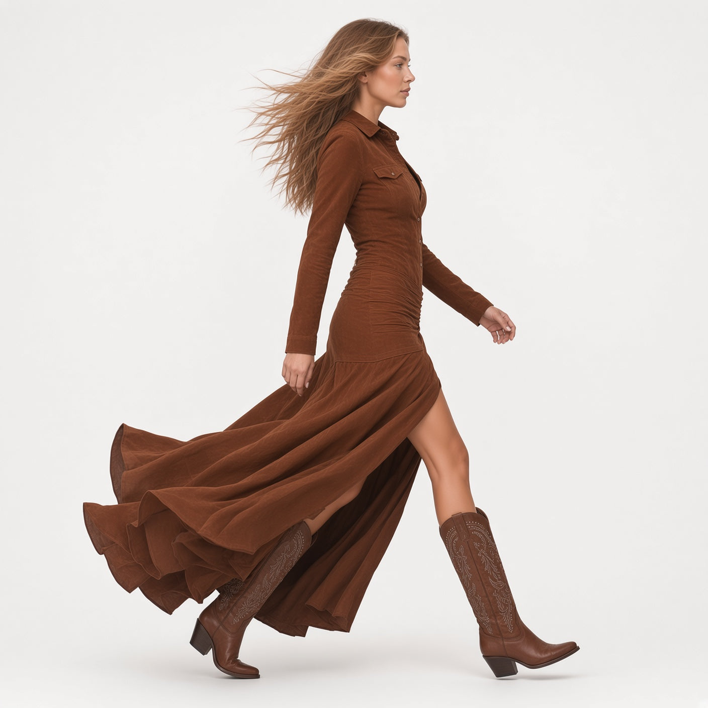 Vestido Elegante Largo Casual Con Abertura y Cuello Elevado Con Cremallera De Gamuza Moda Mujer En Tendencia