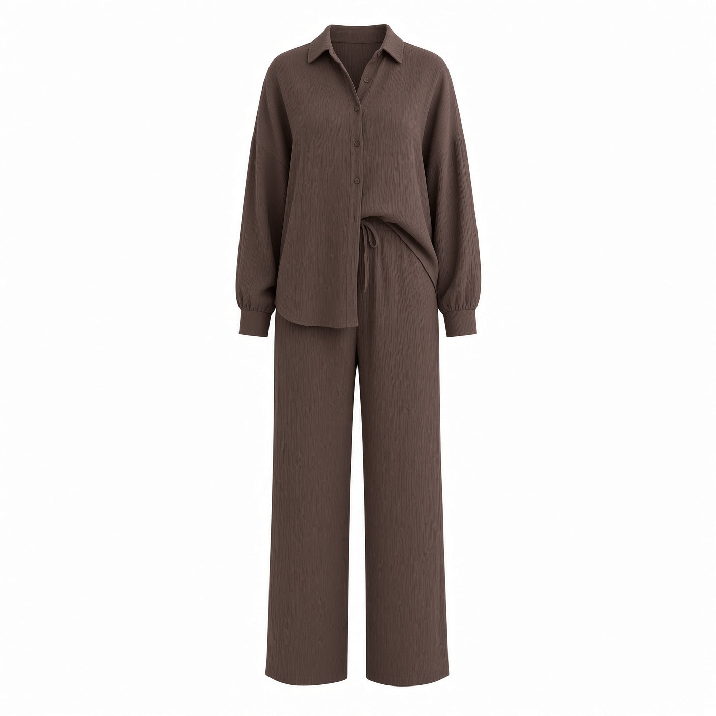 Conjunto De Dos Piezas Camisa Manga Larga Con Botones Y Pantalón Casual Holgado Pierna Ancha Moda Mujer En tendencia