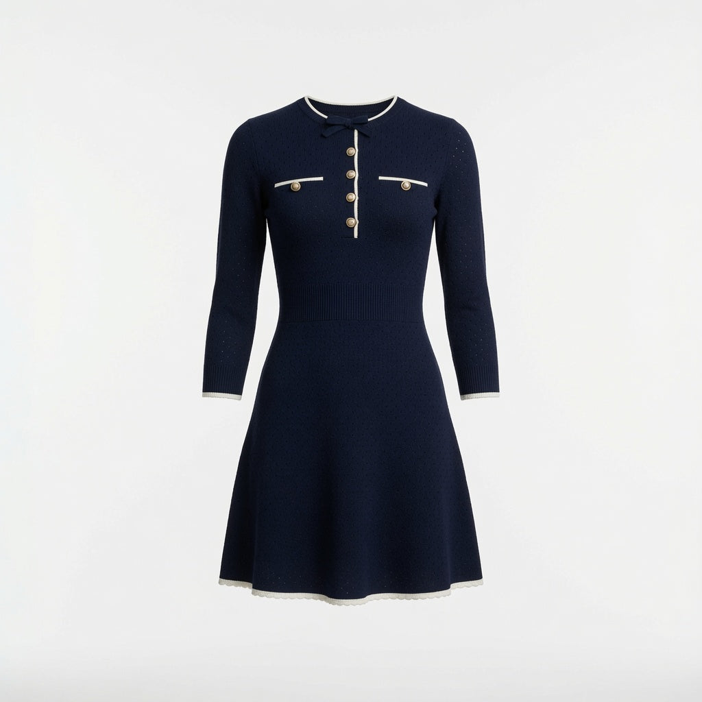 Vestido Elegante Midi De Punto Cuello Solapa, Manga Larga Moda Mujer En Tendencia