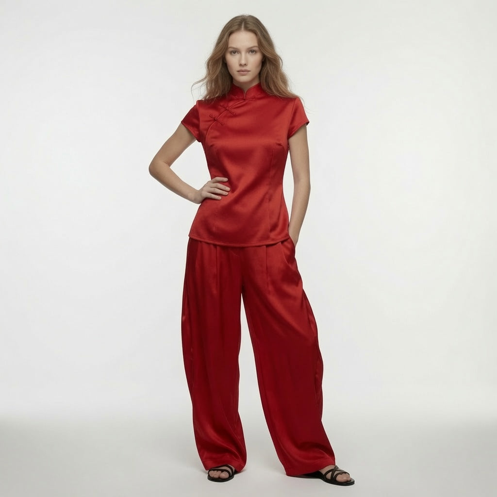 Blusa Elegante De Manga Corta Estilo Chino Casual Formal Moda Mujer En Tendencia