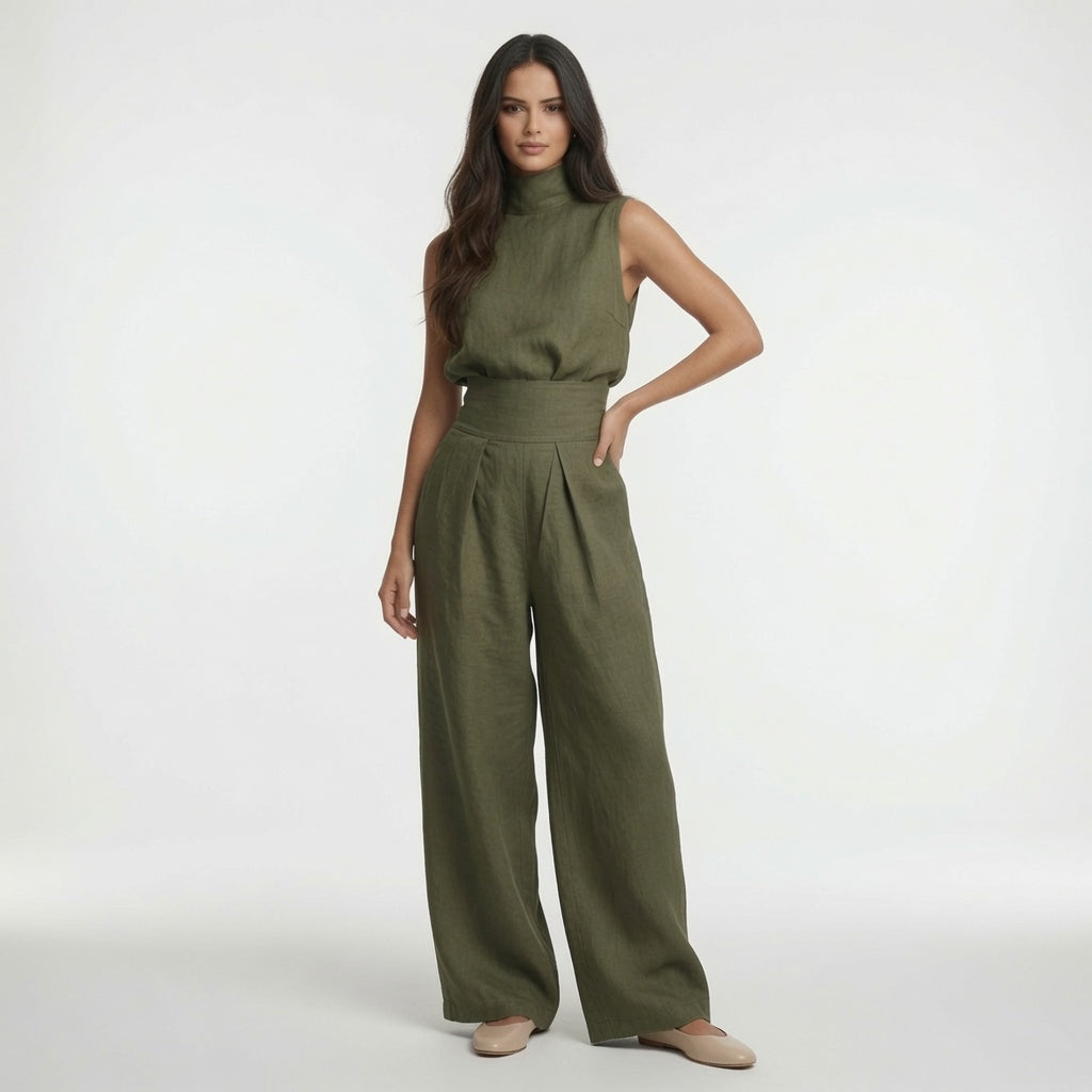 Conjunto de Blusa sin Mangas y Pantalón de Pierna Ancha de Algodón y Lino para Mujer - Estilo Minimalista
