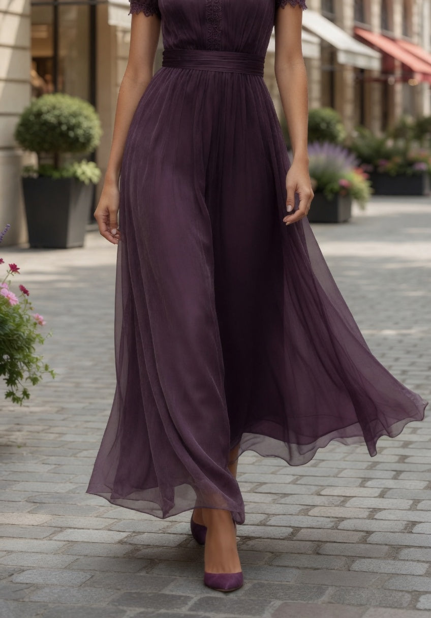 Vestido Largo Casual Formal Color Morado De Gasa Con Encaje En Tendencia