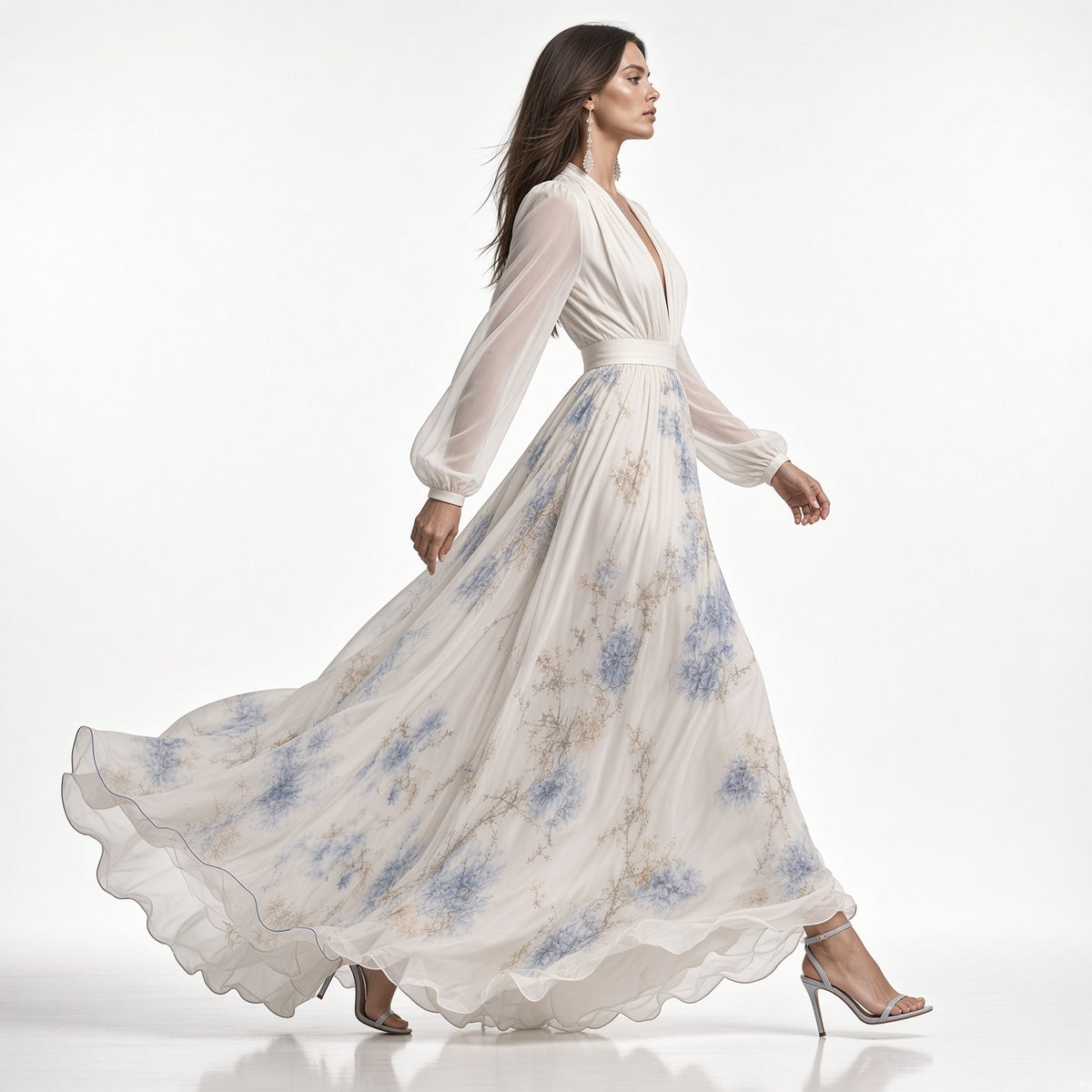 Elegante Vestido Largo Casual Formal Cuello V Manga Larga Estampado Floral Moda Mujer En Tendencia