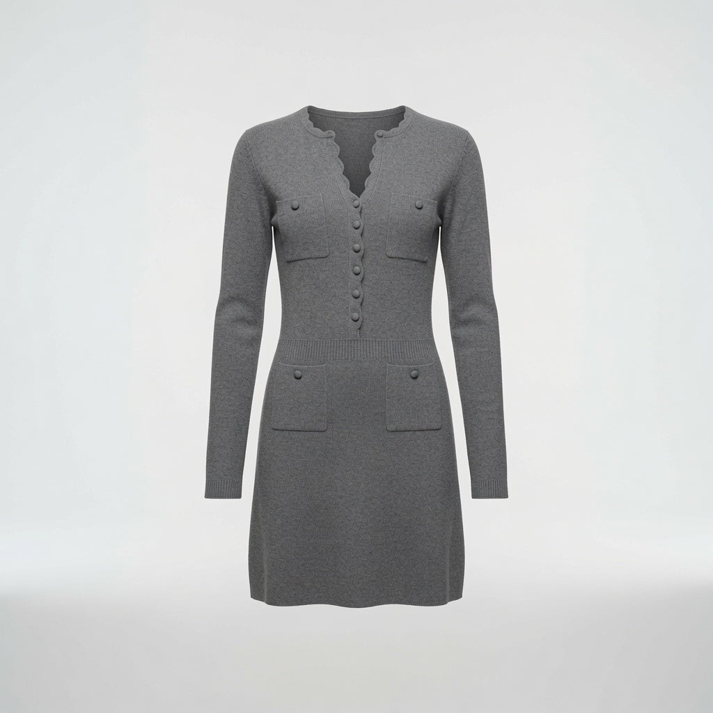 Vestido Elegante Midi De Punto Con Borde Ondulado Moda Mujer En Tendencia.