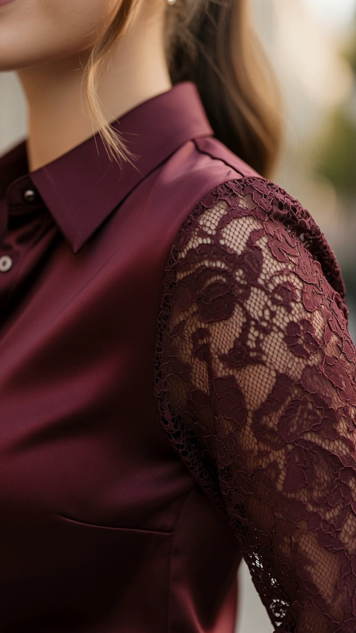Blusa Elegante De Satén Con Encaje De Manga Larga Casual Formal Moda Mujer En Tendencia