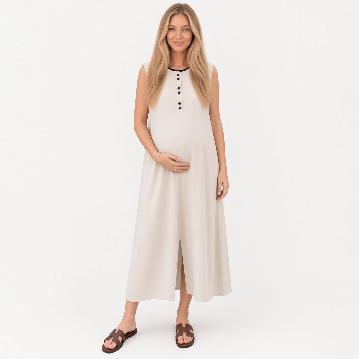 Vestido Elegante Sin Mangas Con Cuello Redondo y Franjas De Color De Algodón y Lino Fresco Moda Mujer En tendencia