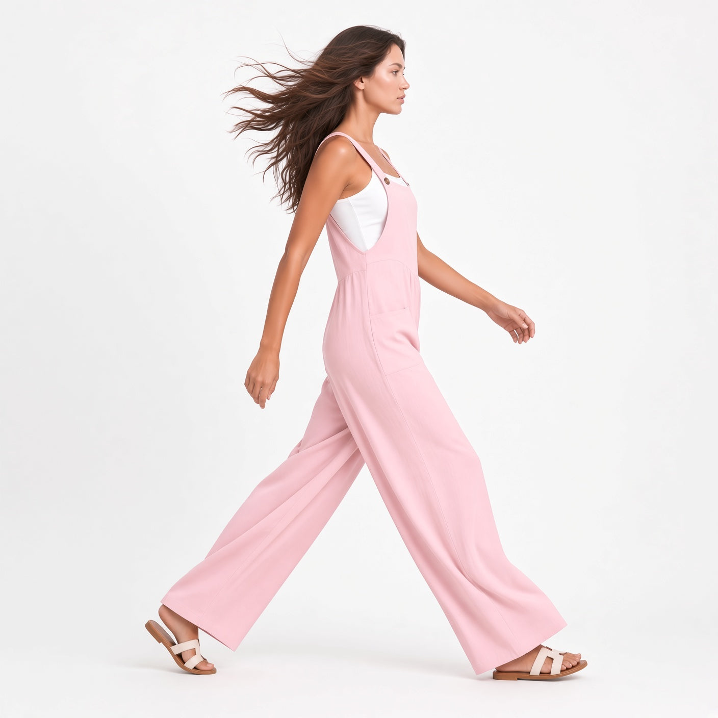 Mono Elegante Sin Mangas Tela Fresca Con Botones Pantalón Holgado Casual Moda Mujer En Tendencia