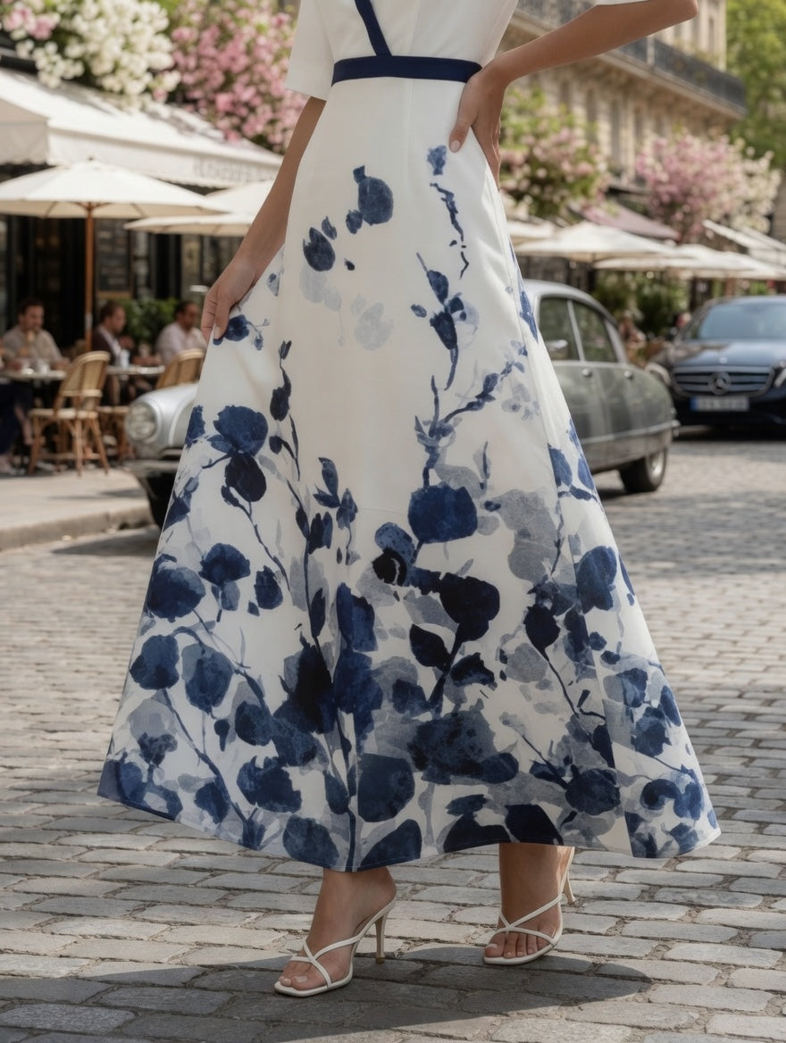Vestido Largo Formal Casual Blanco Con Azul Elegante En Tendencia