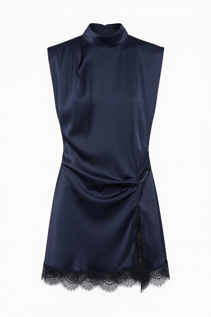 Vestido Elegante Sin Mangas Corto Con Cuello Alto Y Parches De Encaje Casual Moda Mujer En Tendencia