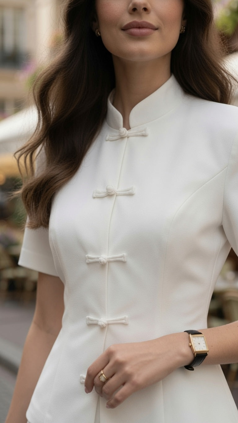 Blusa Estilo Chino Para Mujer Casual Formal Elegante Manga Corta Cuello Mao Moda En tendencia