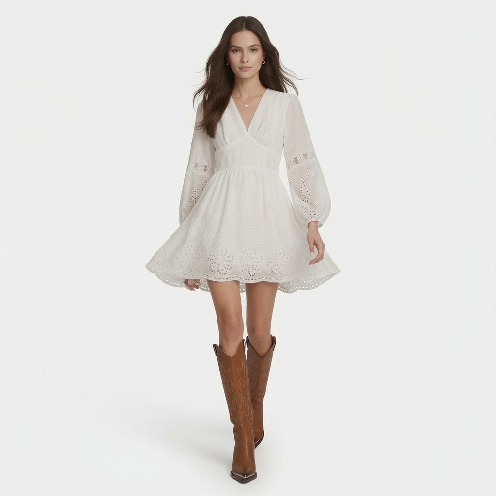 Vestido Elegante Corto De Encaje Con Escote Cuello V De Manga Casual Moda Mujer En Tendencia