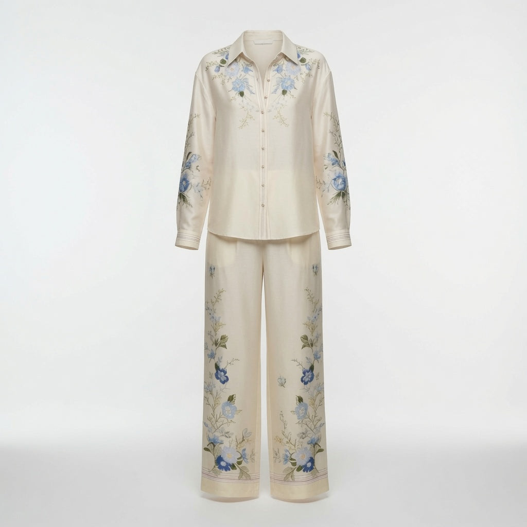 Conjunto Elegante De Blusa y Pantalón Estampado Floral Casual Formal Moda Mujer En Tendencia.