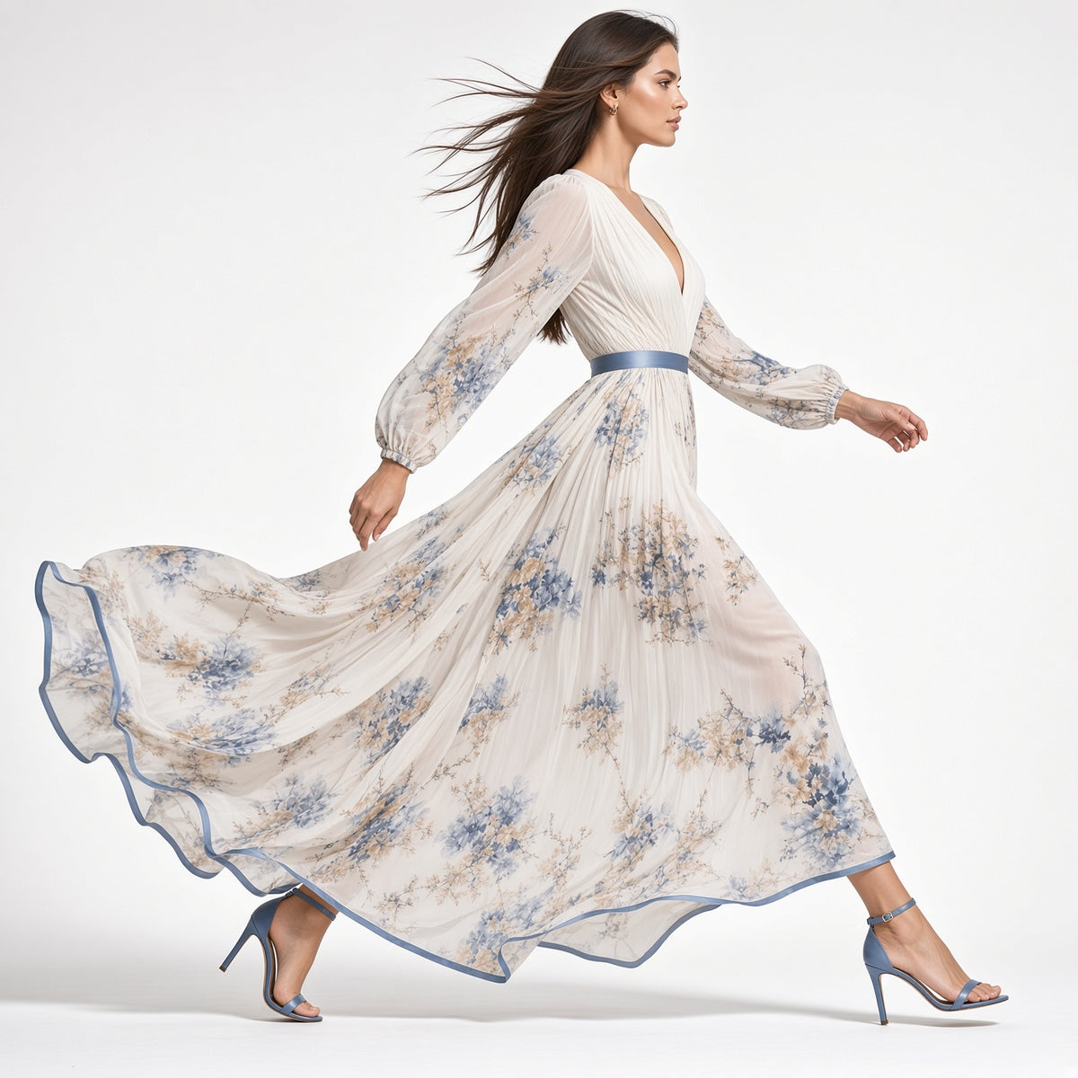 Vestido Elegante Largo Casual Formal Manga Larga Estampado Floral Cuello V Cintura Alta Moda Mujer En Tendencia