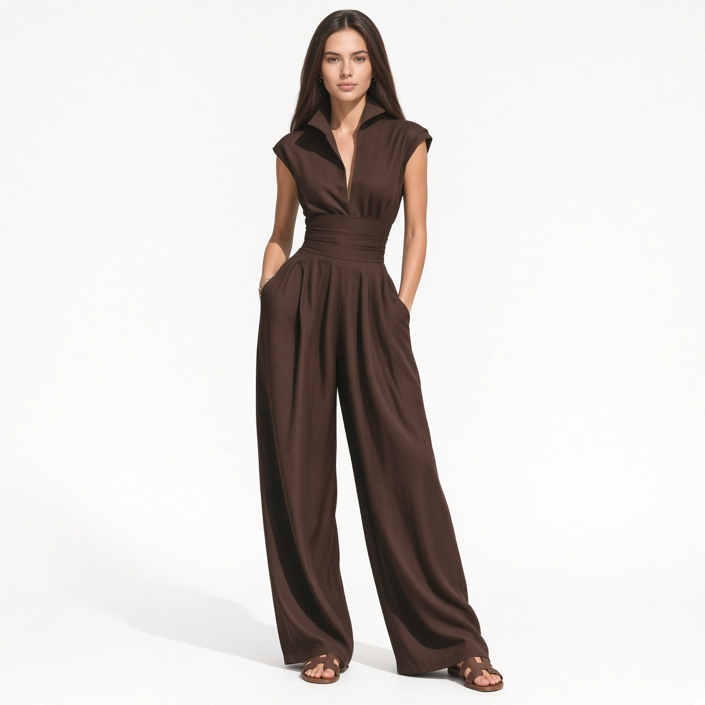 Mono Elegante Casual Cintura Media Pantalón Holgado Pierna Ancha Tela Poliéster Moda Mujer En Tendencia