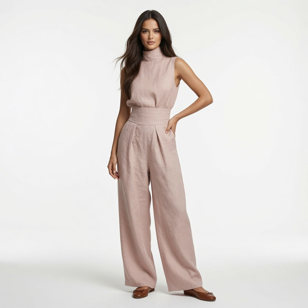 Conjunto de Blusa sin Mangas y Pantalón de Pierna Ancha de Algodón y Lino para Mujer - Estilo Minimalista