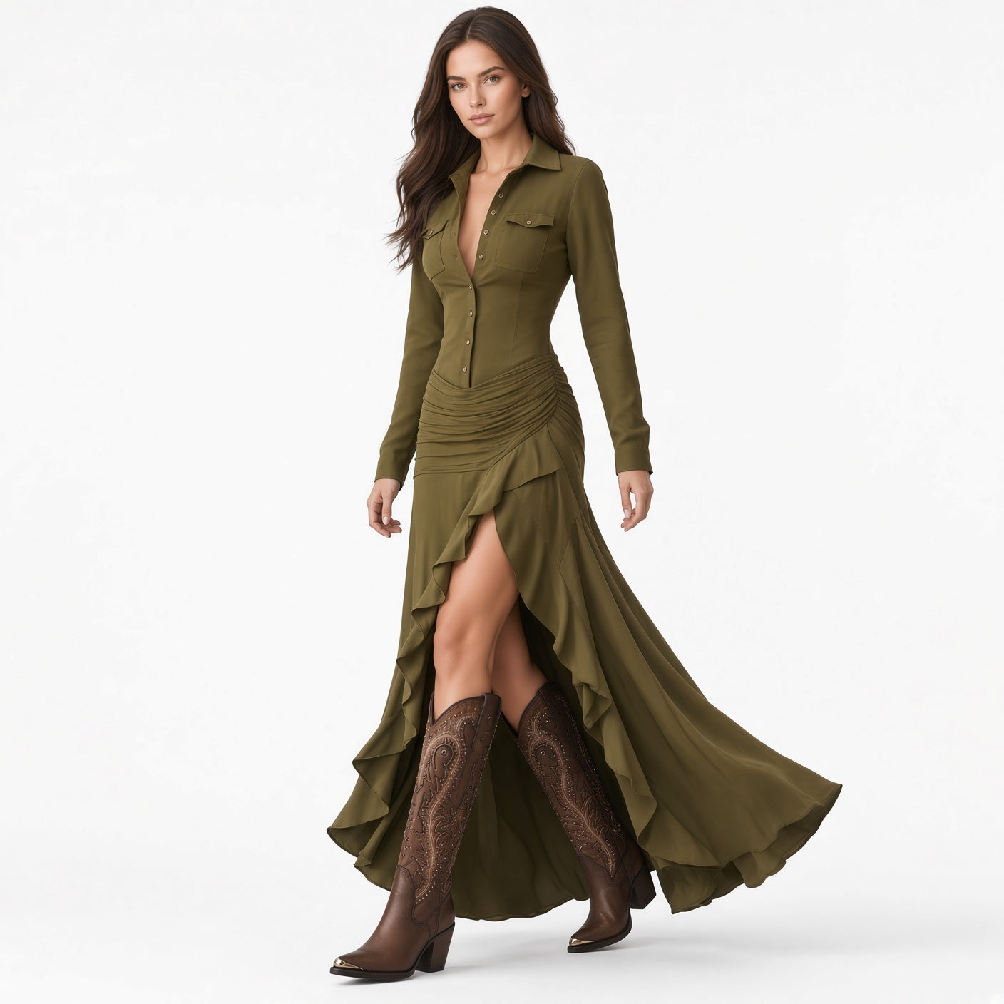 Vestido Elegante Largo Casual Con Abertura y Cuello Elevado Con Cremallera De Gamuza Moda Mujer En Tendencia
