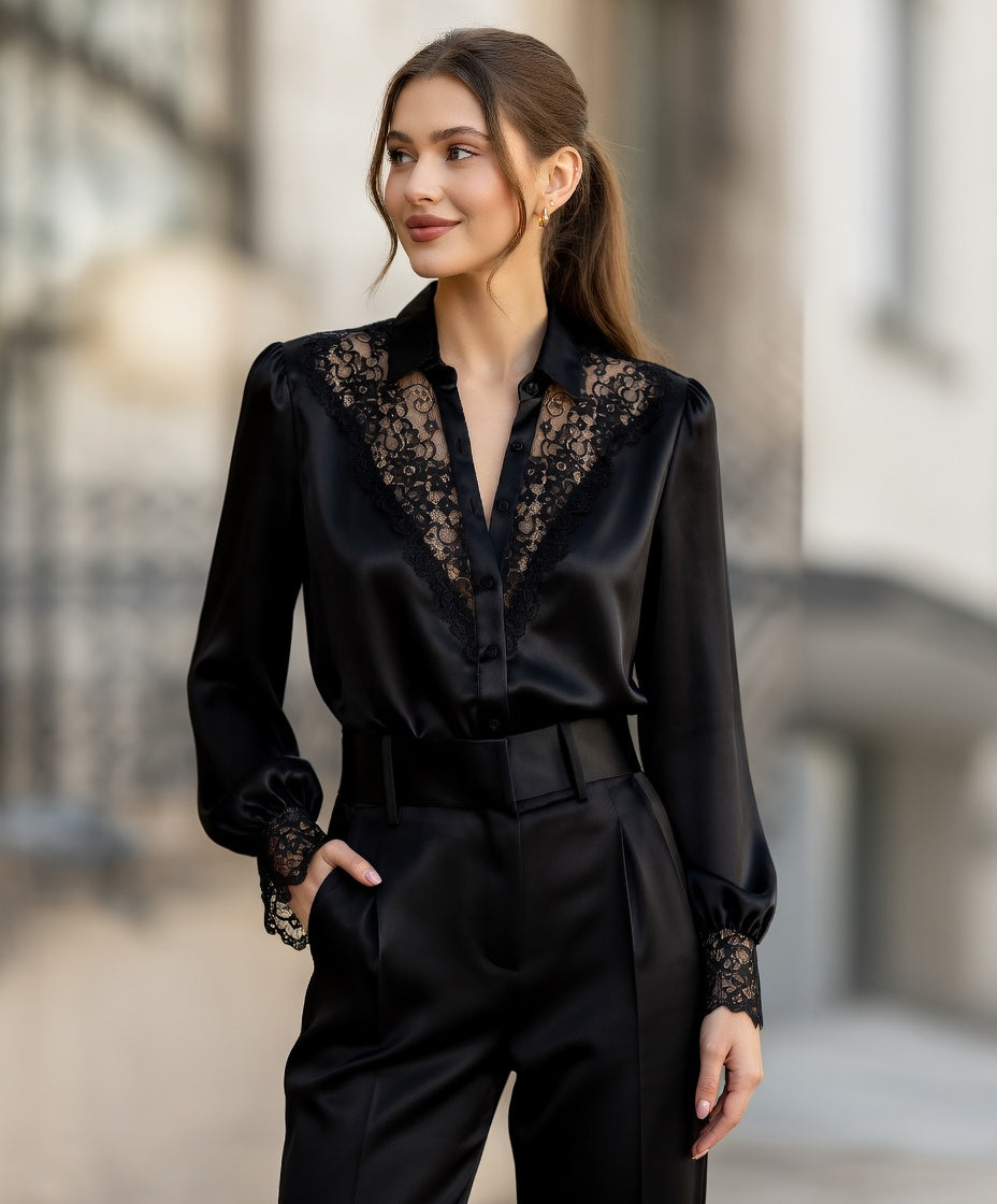 Blusa Elegante De Satén De Encaje Manga Larga Casual Formal Moda Mujer En Tendencia 1 Tono Mas
