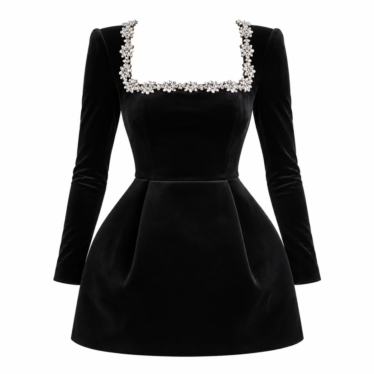 Vestido Mini de Terciopelo Negro con Escote de Pedrería