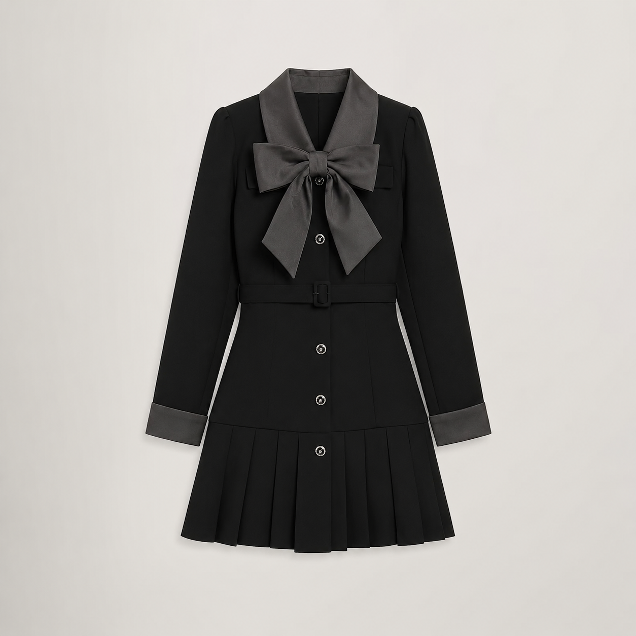 Vestido Negro Corto con Moño, Cinturón y Falda Plisada para Mujer en Tendencia
