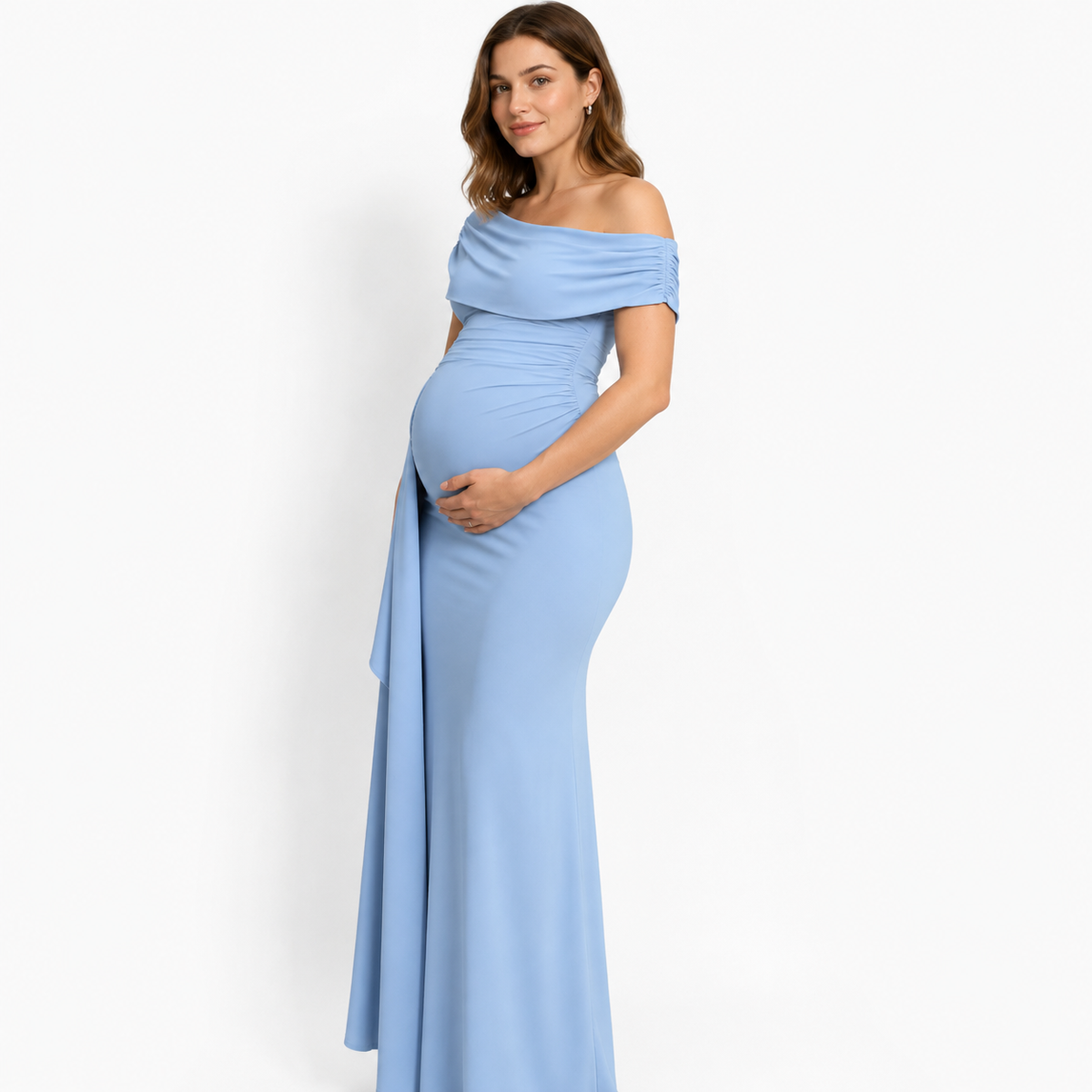 Vestido Elegante Azul de un Hombro de Maternidad