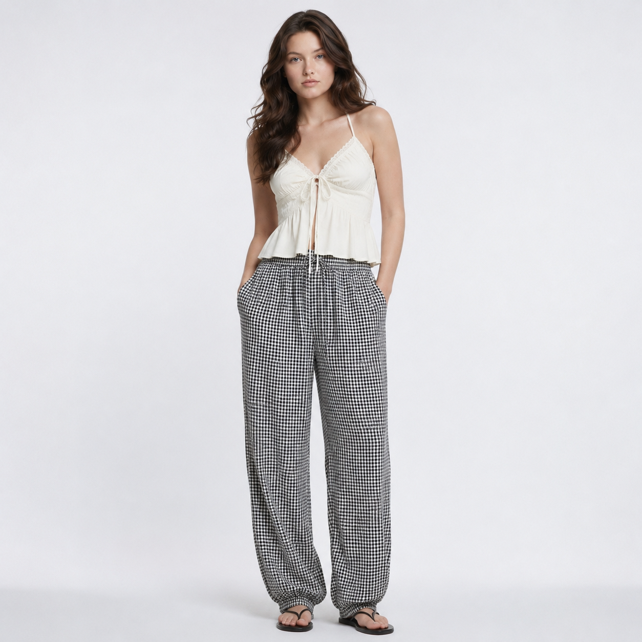 Pantalón de Cuadros  Amplio para Mujer en Tendencia en Dos Tonos