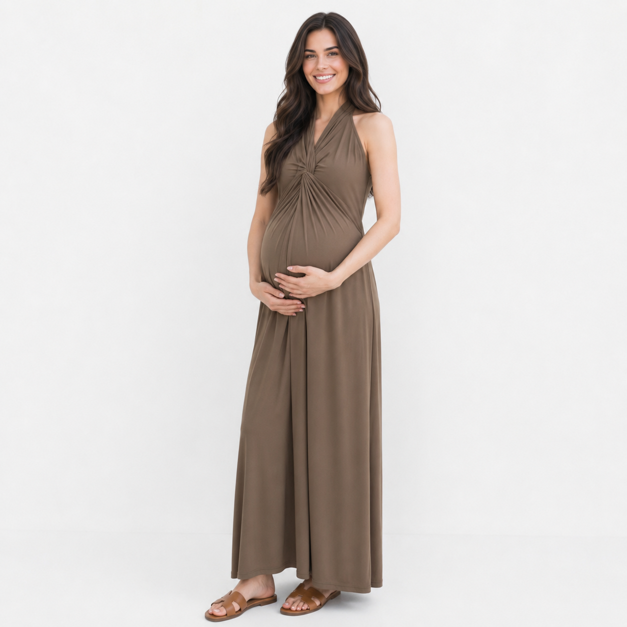 Vestido Maternal Largo Halter Drapeado Elegante y Cómodo para Embarazo
