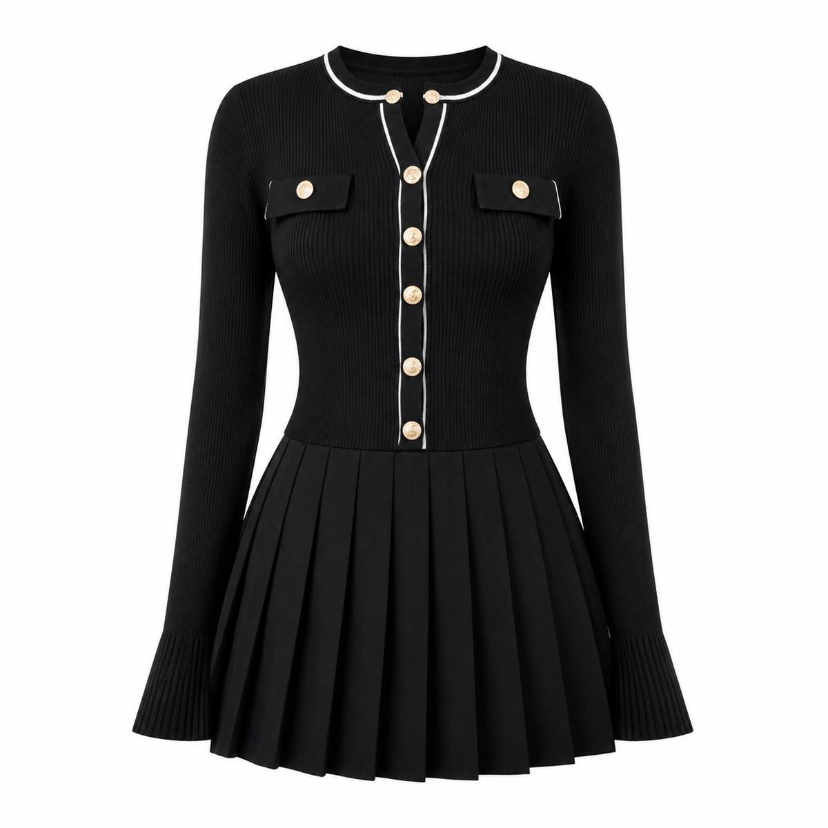 Vestido Negro Plisado con Botones Dorados Elegante