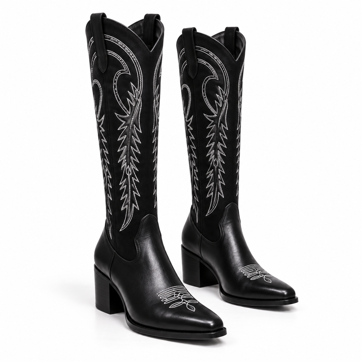 Botas Vaqueras Altas Negras con Bordado Blanco