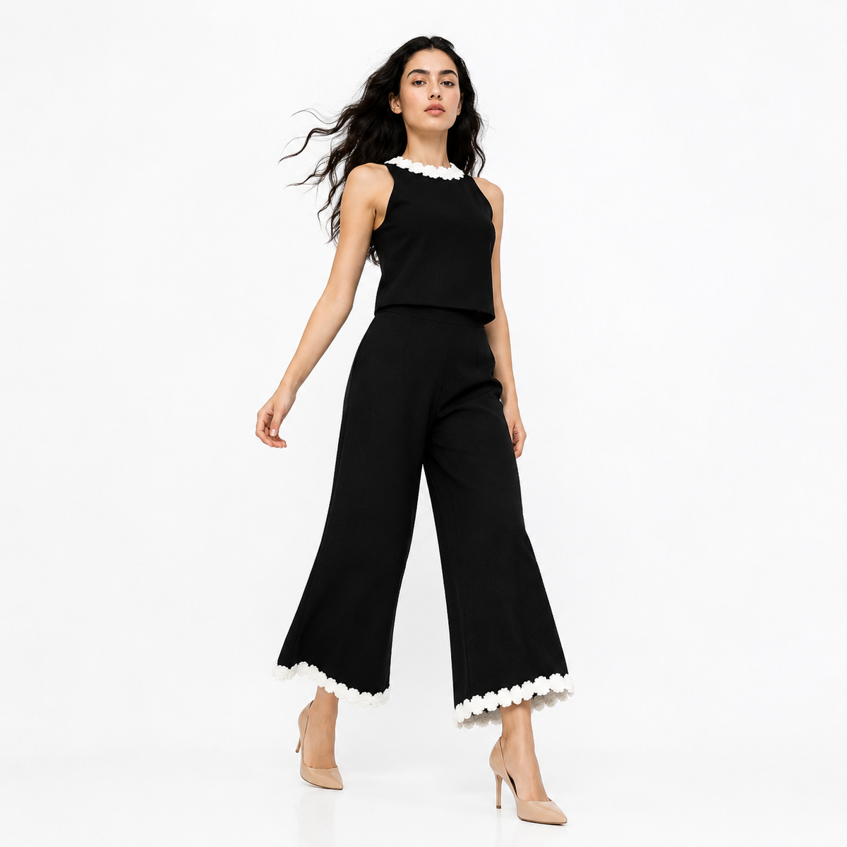 Conjunto de Pantalones con Estampado Floral Negro Moda Femenina