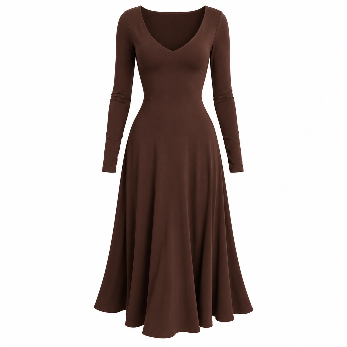 Elegante Vestido Midi largo Marrón Cuello V Manga Larga Casual Formal  Moda Mujer En Tendencia
