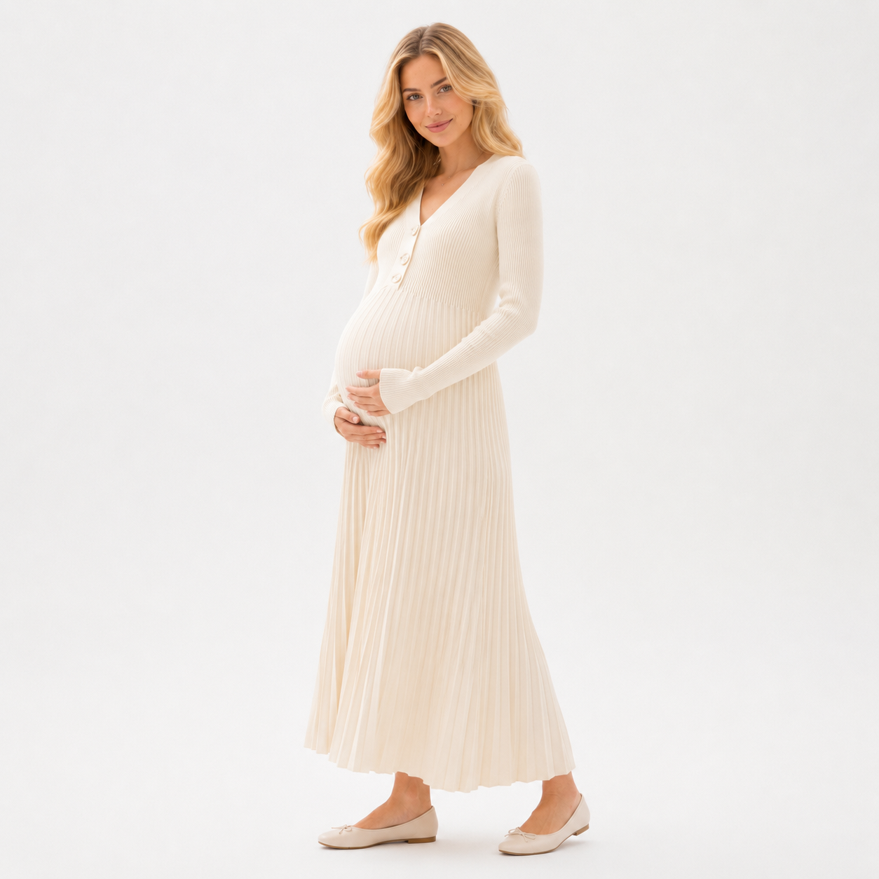 Vestido de Maternidad Largo Plisado Marfil con Manga Larga