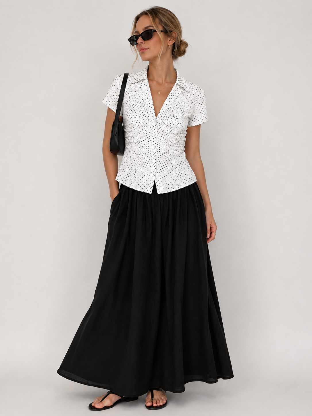 Blusa Blanca de Puntos para Mujer con Diseño Fruncido