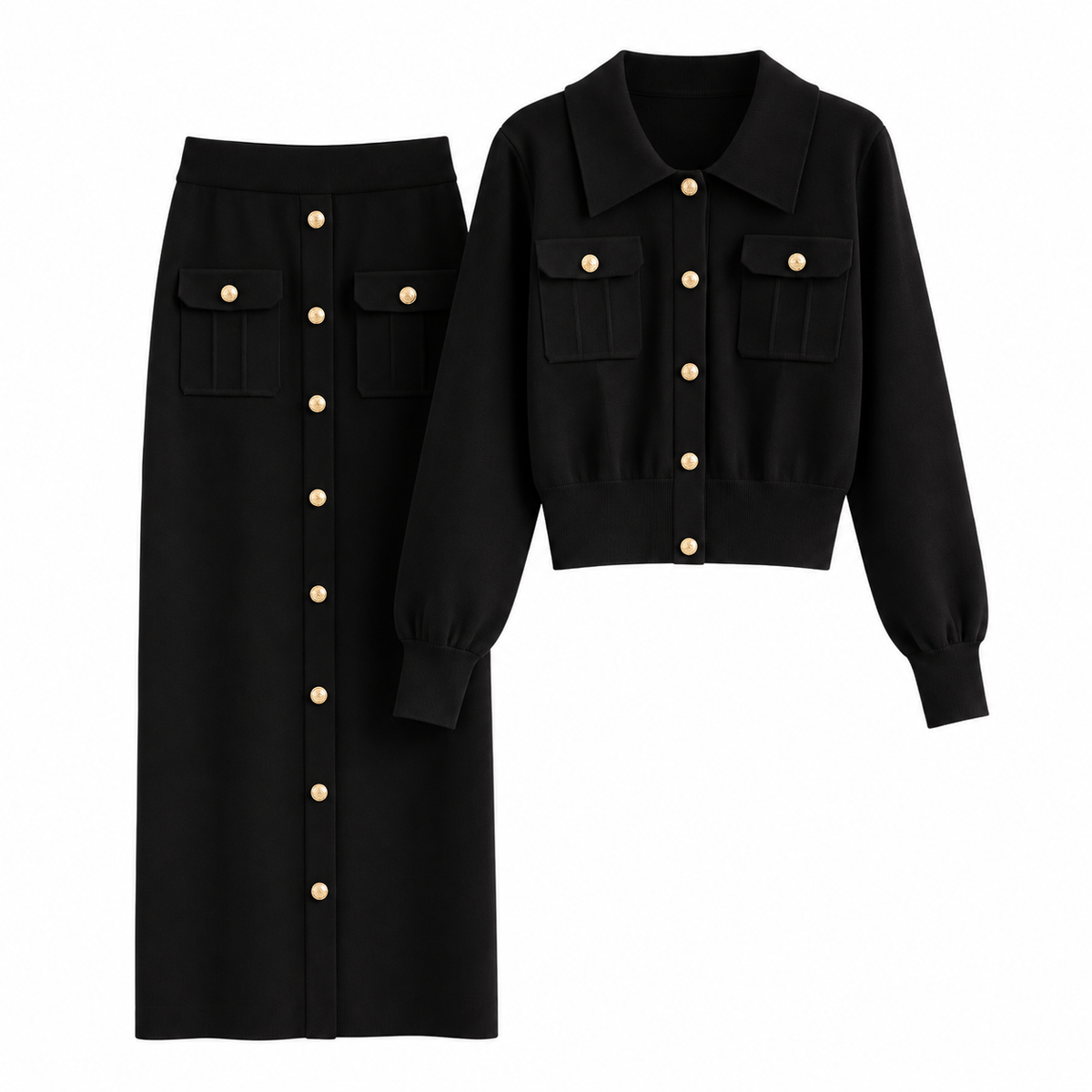 Conjunto de Punto Elegante con Falda Midi Negro