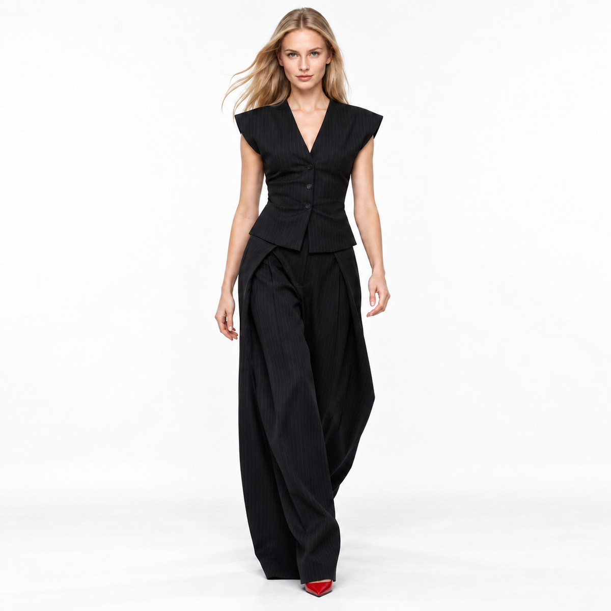 Conjunto Sastre a Rayas Vintage  de Chaleco y Pantalón Pierna Ancha para Mujer