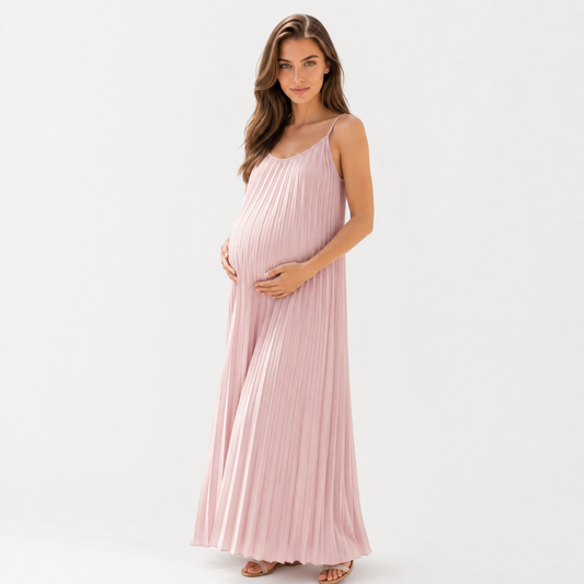 Vestido de Maternidad Largo Plisado Fresco Rosa