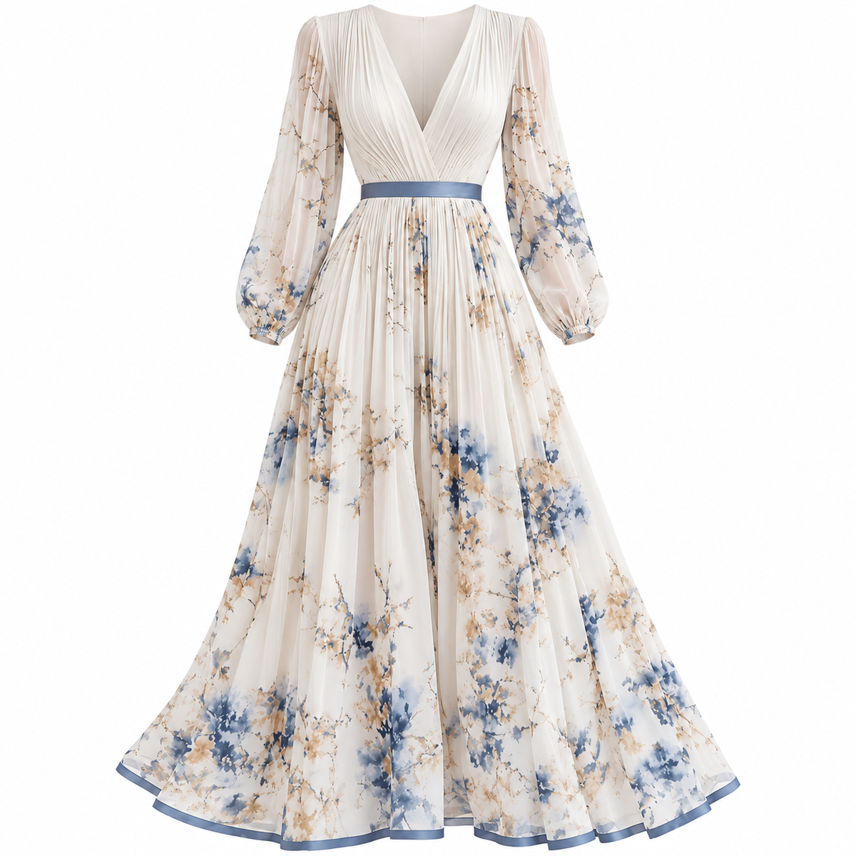 Vestido Elegante Largo Casual Formal Manga Larga Estampado Floral Cuello V Cintura Alta Moda Mujer En Tendencia